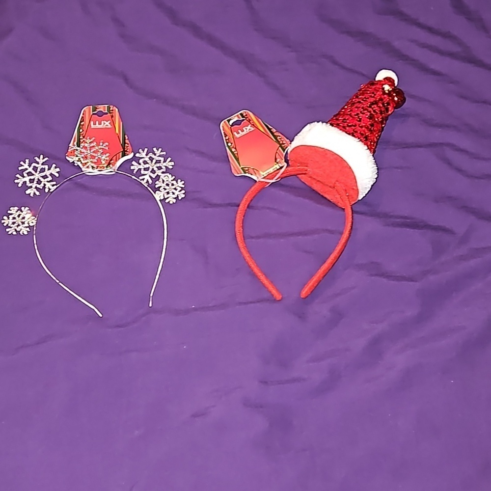 Lux Kids Holiday Headbands Silver Sparkle Snowflakes Red Jingle Bell Santa Hat